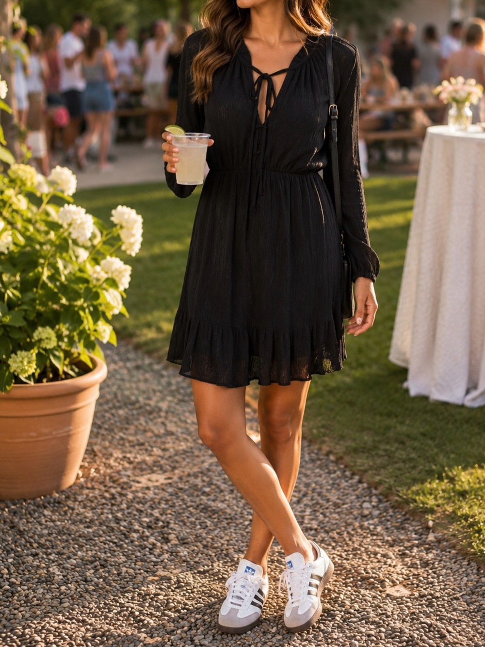 Mango Black Long-Sleeve Tie-Neck Mini Dress